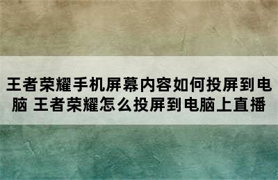 王者荣耀手机屏幕内容如何投屏到电脑 王者荣耀怎么投屏到电脑上直播